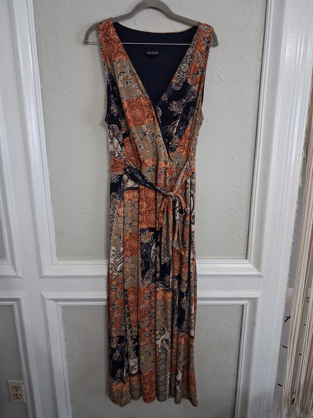 Enfocus quilt patchwork boho gold rust maxi dress plus 16 tie waist
